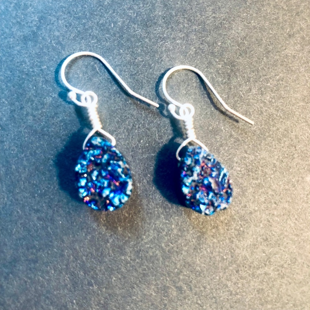 DRUZY PENDANT EARRINGS-- BLUE, STERLING WIRES